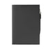 Mela Apple Leather Refillable Journal - A black leather refillable journal with a sleek design and a silver pen holder on the side, featuring a logo.