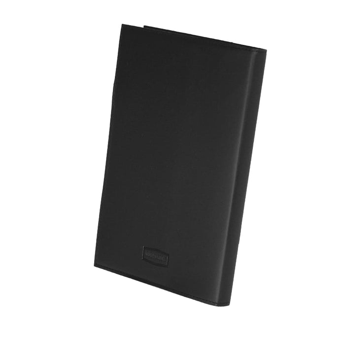 Mela Apple Leather Refillable Journal - A black leather refillable journal featuring a sleek design and a logo on the cover.