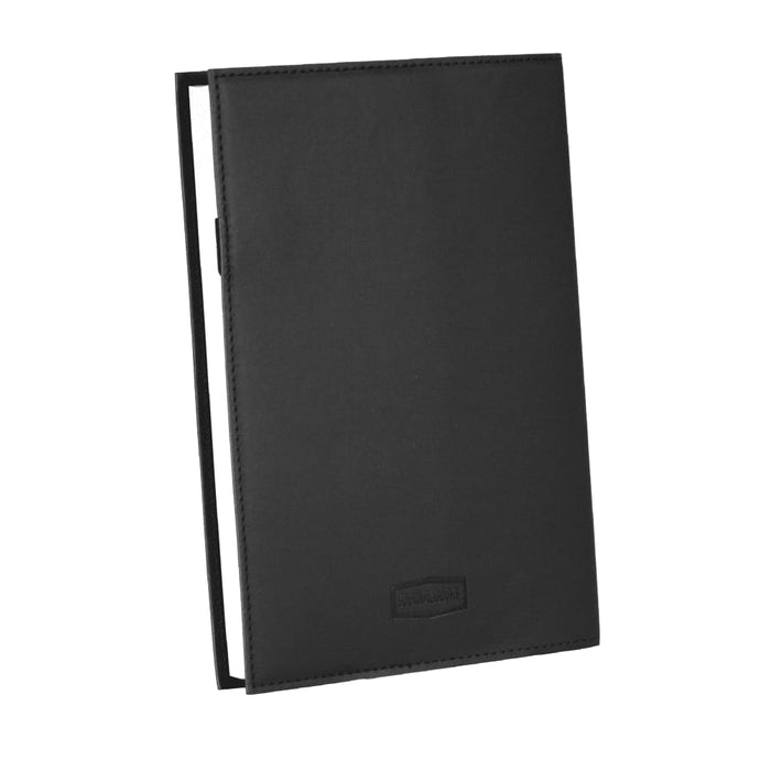 Mela Apple Leather Refillable Journal - A black leather refillable journal featuring a sleek design and a logo on the front.