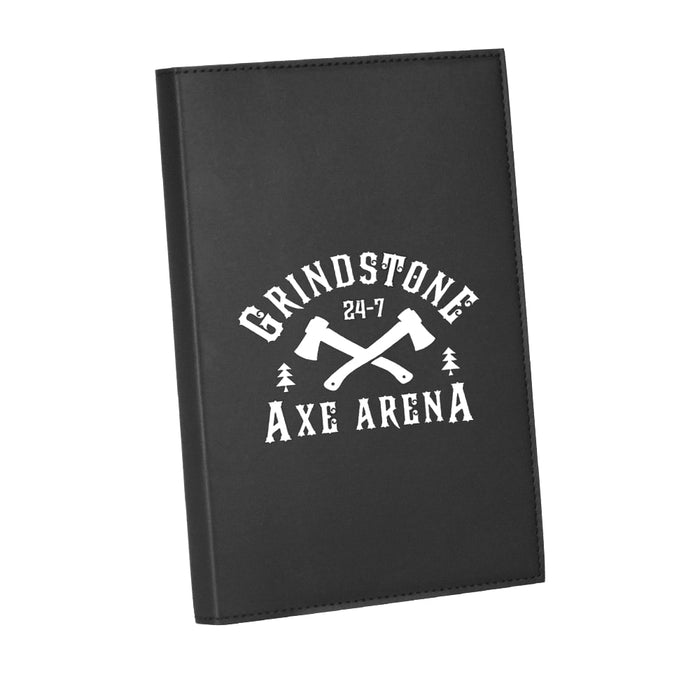 Mela Apple Leather Refillable Journal - A black refillable journal featuring a design with crossed axes and a logo. It has a sleek leather-like finish.