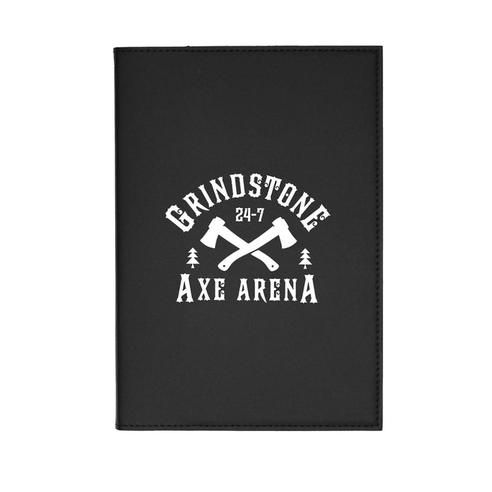 Mela Apple Leather Refillable Journal - A black refillable journal featuring a logo with crossed axes and text. Ideal for office use or personal notes.