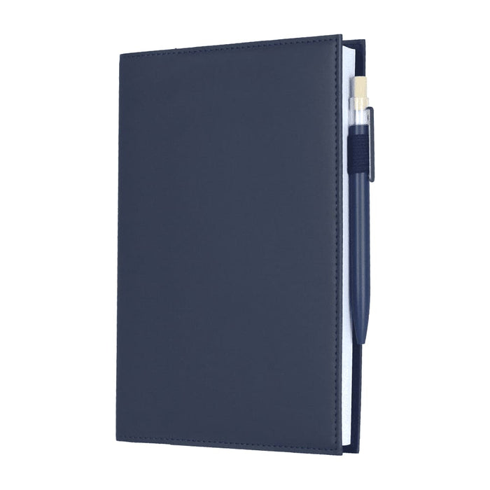 Mela Apple Leather Refillable Journal - A navy blue refillable journal with a pen attached, featuring a smooth leather-like cover and plain pages inside.