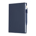 Mela Apple Leather Refillable Journal - A navy blue refillable journal with a pen attached, featuring a smooth leather-like cover and plain pages inside.