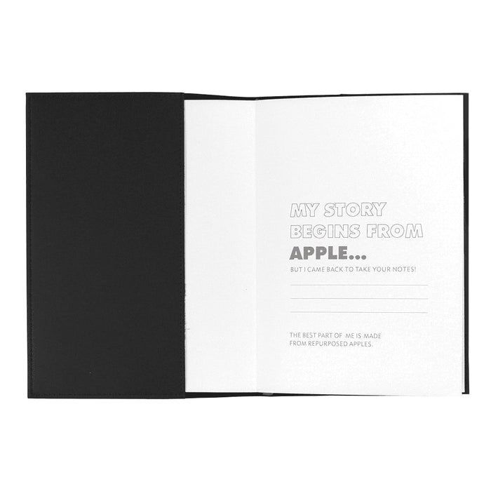 Mela Apple Leather Refillable Journal - A Mela Apple Leather Refillable Journal with a black cover, featuring a white interior for notes and a branding logo.