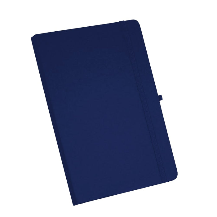Recycled Spectrum A5 JournalBook - A navy A5 journal with a smooth cover, featuring an elastic band closure and a subtle logo.