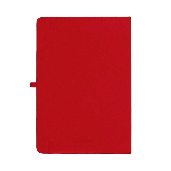 Recycled Spectrum A5 JournalBook - A red A5 journal with a smooth cover and a closure strap, featuring a logo on the front.