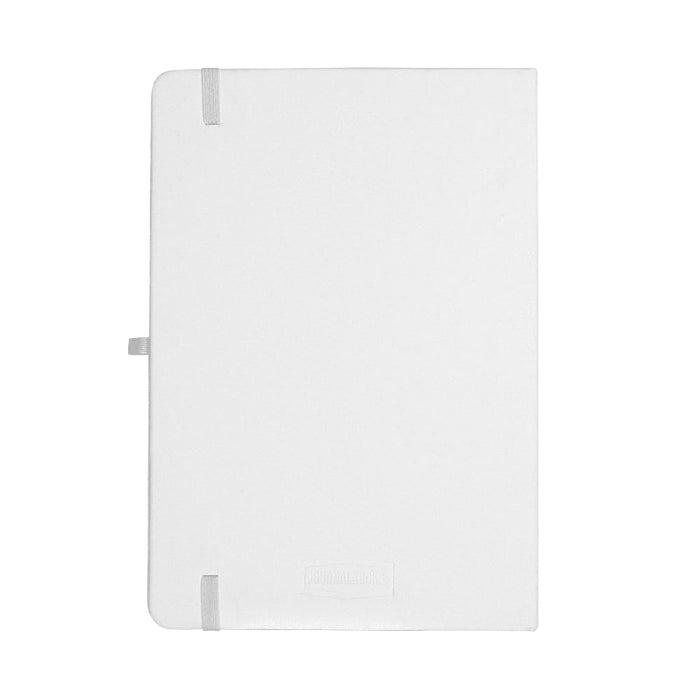 Recycled Spectrum A5 JournalBook - A recycled white A5 journal with a smooth cover and grey elastic closure, featuring a logo on the front.