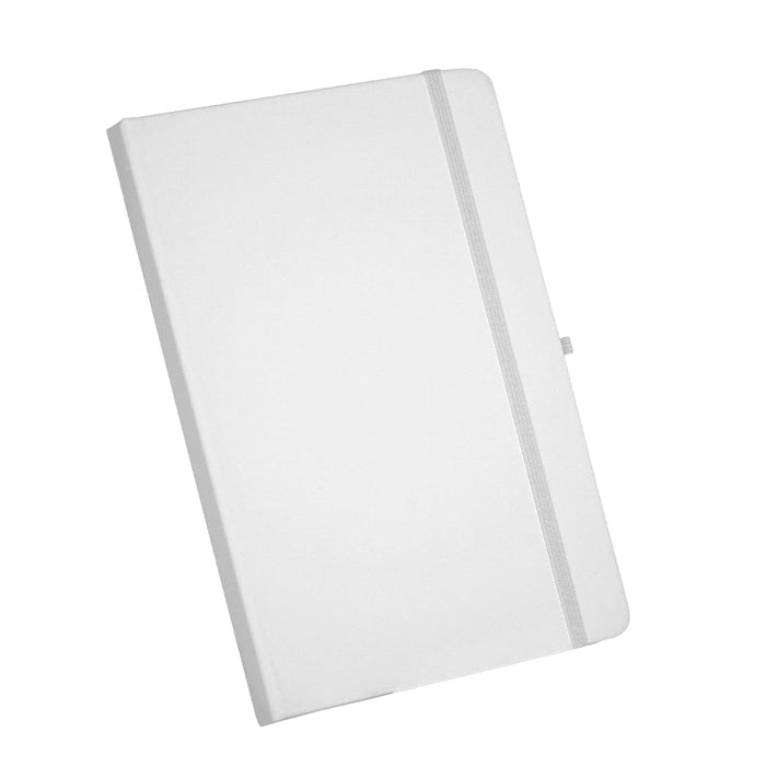Recycled Spectrum A5 JournalBook - A white A5 journal with a grey elastic band and a logo on the cover.
