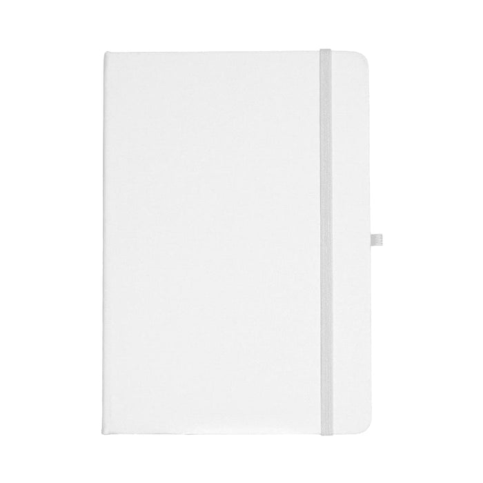 Recycled Spectrum A5 JournalBook - A white A5 journal with a grey elastic band, featuring a smooth cover and a logo.