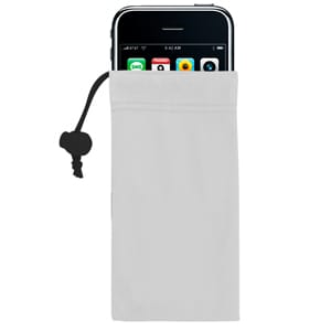 Micro Fibre Camera/Mobile Phone Pouch - A grey microfibre pouch designed for cleaning and protecting cameras and mobile phones. Features a drawstring closure.