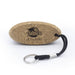 Cork Floating Keychain - A cork floating keychain with a black strap and a silver keyring, featuring a logo on its surface.