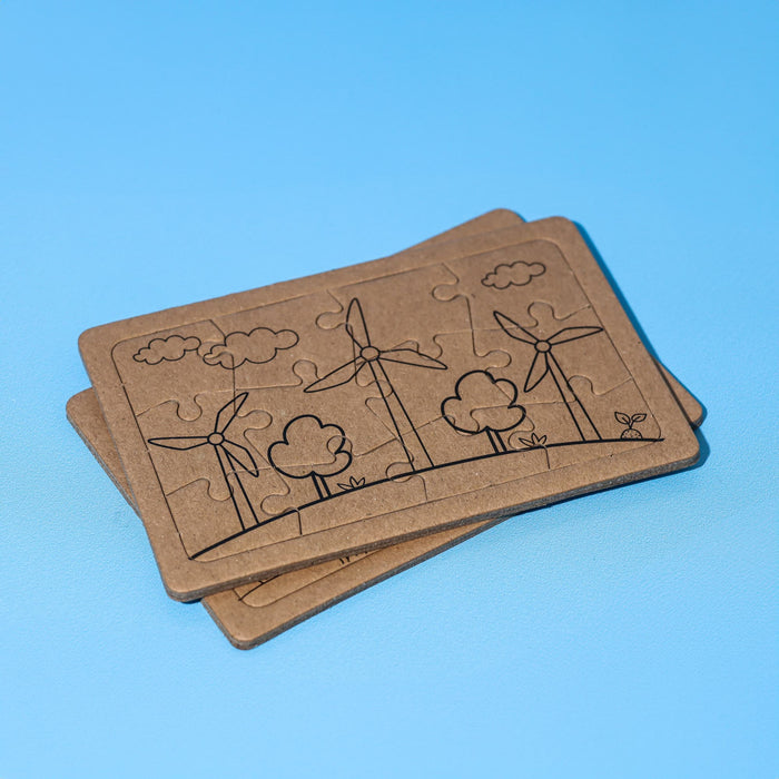 Kids Jigsaw 2 Puzzle Set - A jigsaw puzzle set featuring two puzzles with wind turbines and trees, made of brown cardboard.