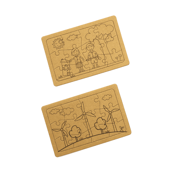 Kids Jigsaw 2 Puzzle Set - A jigsaw puzzle set featuring two eco-friendly, brown cardboard puzzles with outlines of children and nature scenes.