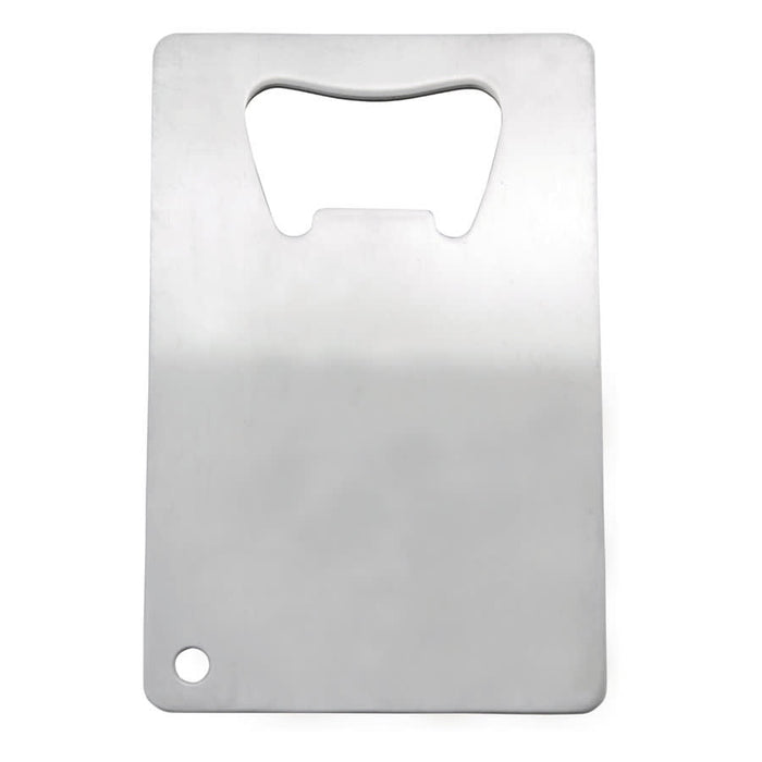 Stainless Credit Card Bottle Opener - A stainless steel bottle opener shaped like a credit card, featuring a circular hole and a cut-out for easy gripping.