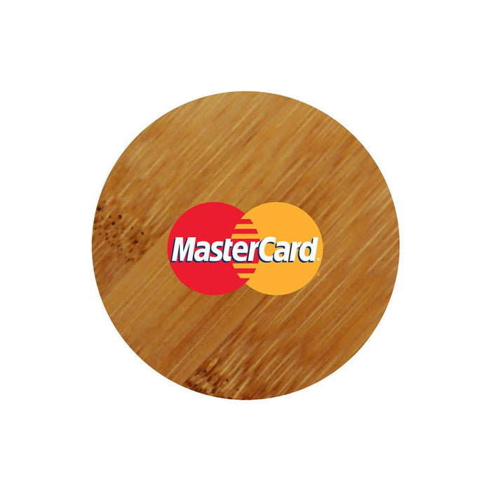 Round Bamboo Bottle Opener - A round bamboo bottle opener featuring a logo in red and yellow on its surface. The opener has a natural bamboo finish.