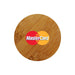 Round Bamboo Bottle Opener - A round bamboo bottle opener featuring a logo in red and yellow on its surface. The opener has a natural bamboo finish.