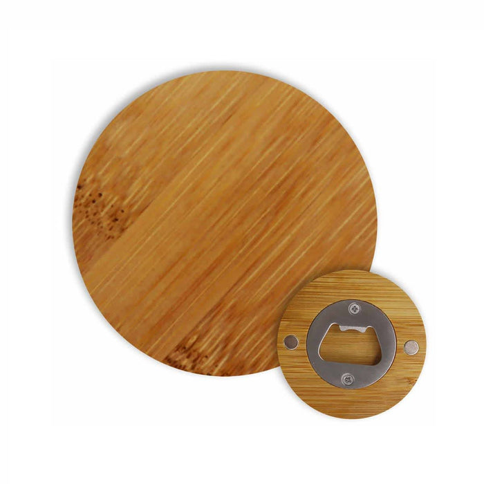 Round Bamboo Bottle Opener - A round bamboo bottle opener featuring a smooth bamboo surface and a metal bottle-opening mechanism.