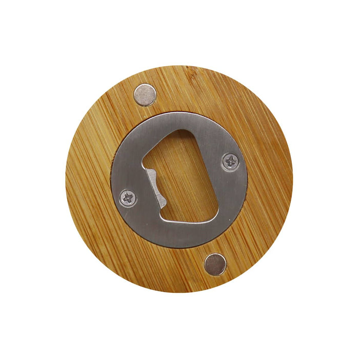 Round Bamboo Bottle Opener - A round bamboo bottle opener with a stainless steel opening mechanism and two mounting screws.