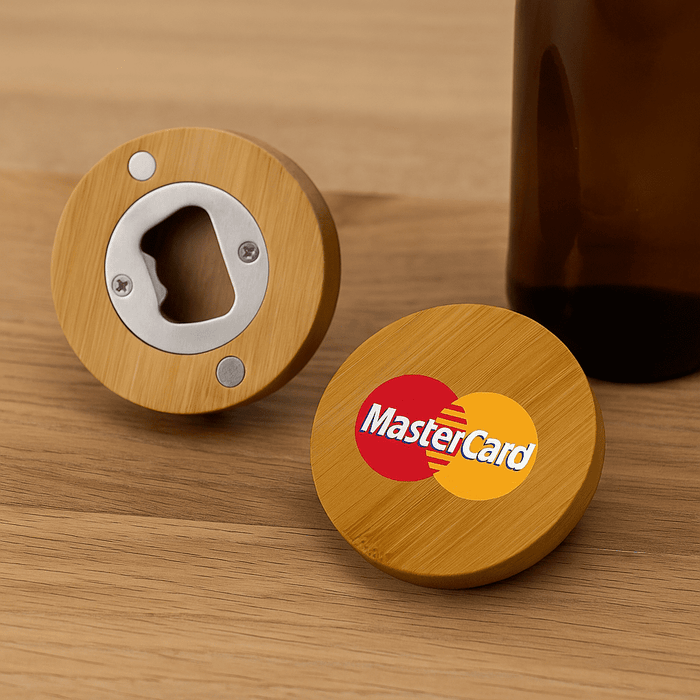 Round Bamboo Bottle Opener - A round bamboo bottle opener in natural wood with a silver metal opener and a branding logo on one side.