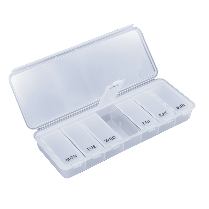 Doctor Pill Box - A transparent pill box with separate compartments for each day of the week. It features a clear lid and branding.