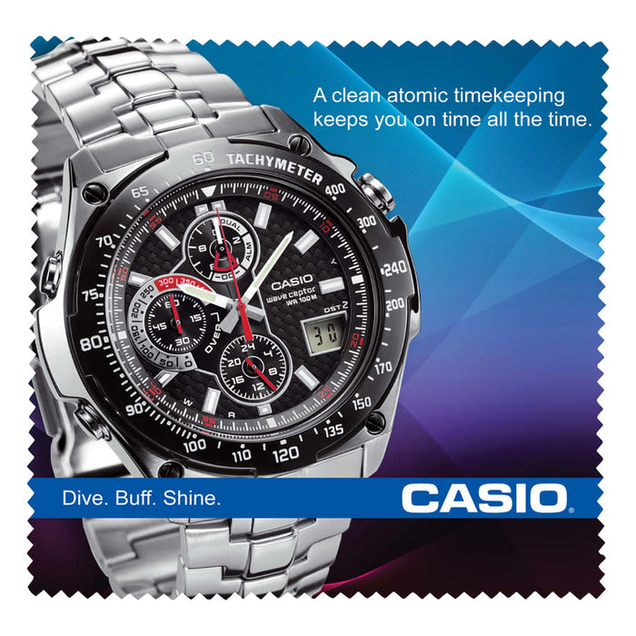 Medium Micro Fibre Cloth - A metallic wristwatch with a black dial, featuring multiple dials and a silver stainless steel band, displayed on a vibrant background.