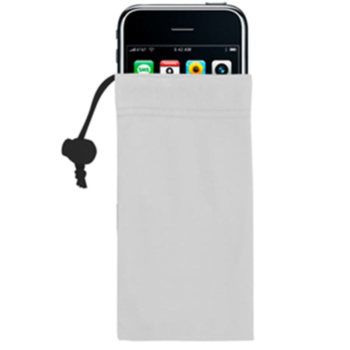 Micro Fibre Camera/Mobile Phone Pouch - A grey microfibre pouch designed to hold a mobile phone, featuring a drawstring closure and an attached key.