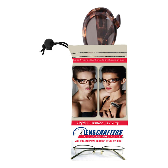 Micro Fibre Sunglass Pouch - A microfibre sunglass pouch in cream and brown, featuring images of stylish eyewear and a drawstring closure.