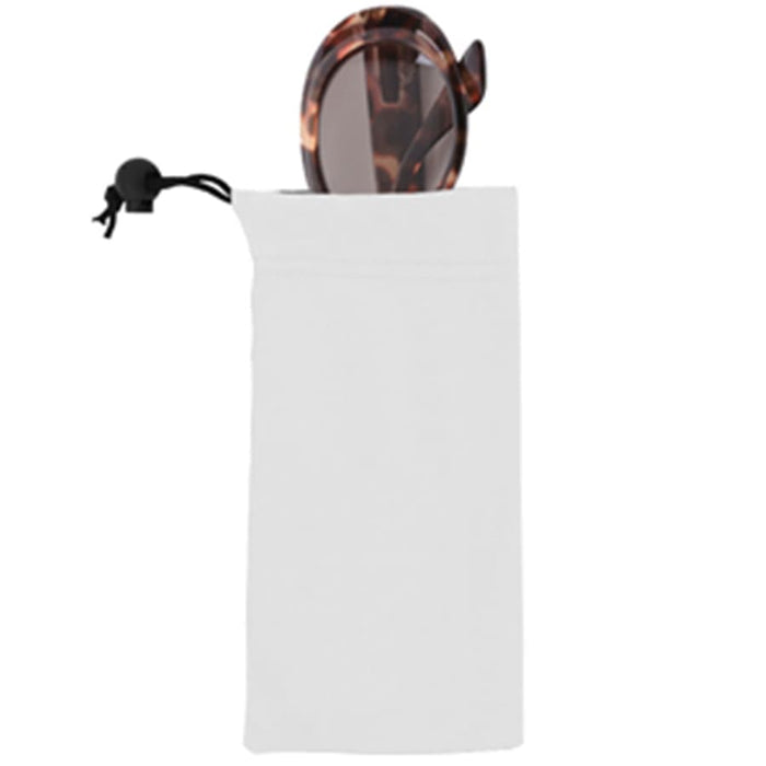 Micro Fibre Sunglass Pouch - A white microfibre sunglass pouch with a pair of glasses partially visible inside. Features a drawstring closure.