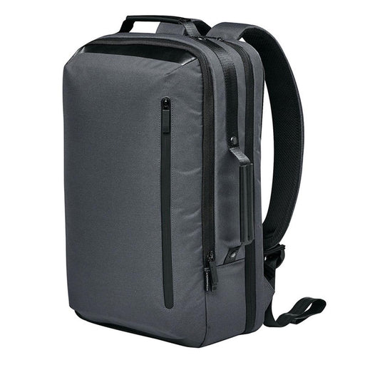Hedmark Commuter Backpack - A sleek grey backpack with padded straps and multiple compartments, featuring a logo on the side.