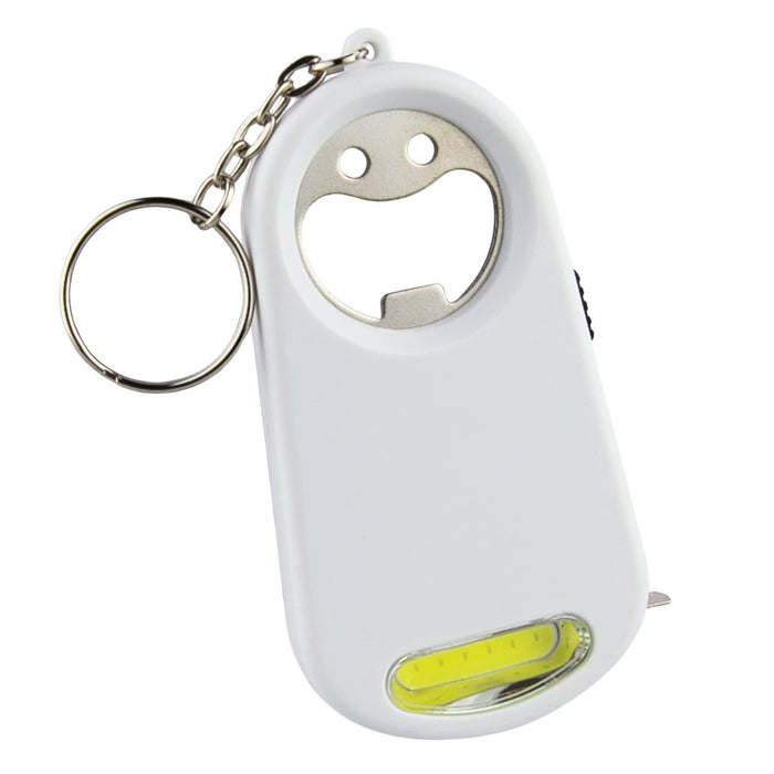 Smily Torch Tape Bottle Opener Key Ring - A drink bottle opener key ring in white, featuring a light and a smiling face design, with a keychain attachment.