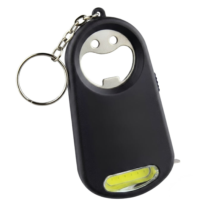 Smily Torch Tape Bottle Opener Key Ring - A drink bottle opener key ring in black, featuring a smiley face design and a built-in torch. Includes a metal keychain.