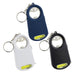 Smily Torch Tape Bottle Opener Key Ring - A drink bottle opener key ring in blue, white, and black with a light and a keychain attachment. Features a logo.