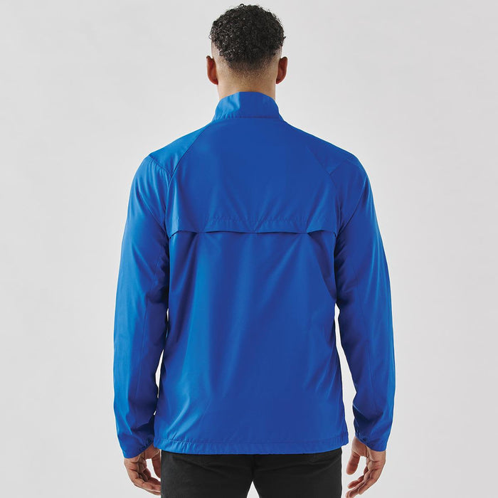 Men's Pacifica Full Zip Jacket - A blue men's full zip rain jacket with a back vent and a logo on the upper section.
