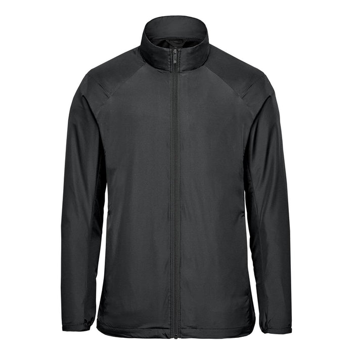 Men's Pacifica Full Zip Jacket - A black men's full zip jacket with a high collar and a sleek design. It features branding on the material.