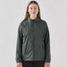 Women's Pacifica Full Zip Jacket - A woman wearing a dark grey full zip rain jacket with a stand collar and a logo on the chest.