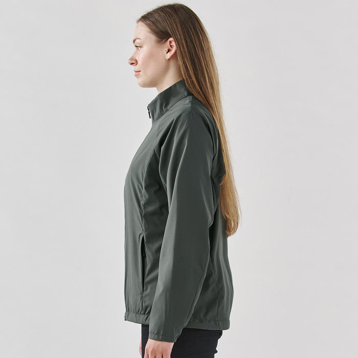 Women's Pacifica Full Zip Jacket - A side view of a women's full zip jacket in dark green, featuring a stand-up collar and a sleek design.
