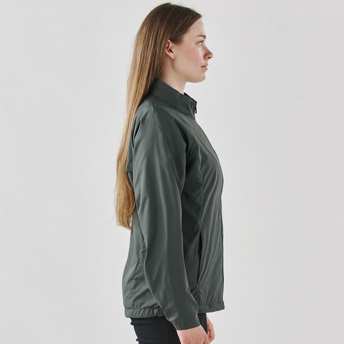 Women's Pacifica Full Zip Jacket - A women's full zip jacket in dark green, featuring a fitted design and a logo on the front.