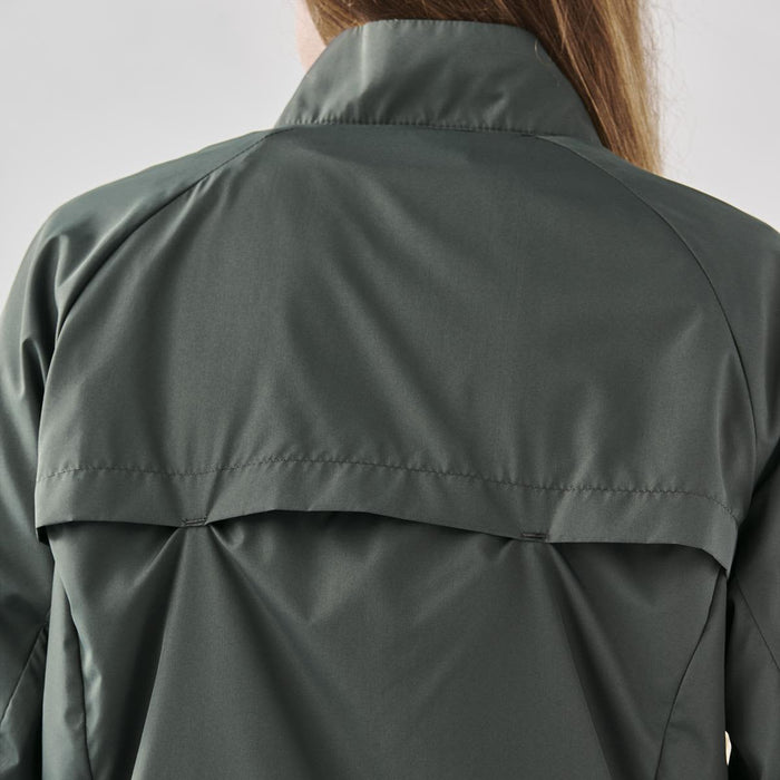 Women's Pacifica Full Zip Jacket - A dark green women's rain jacket featuring a high collar and back flap detail, with branding visible.