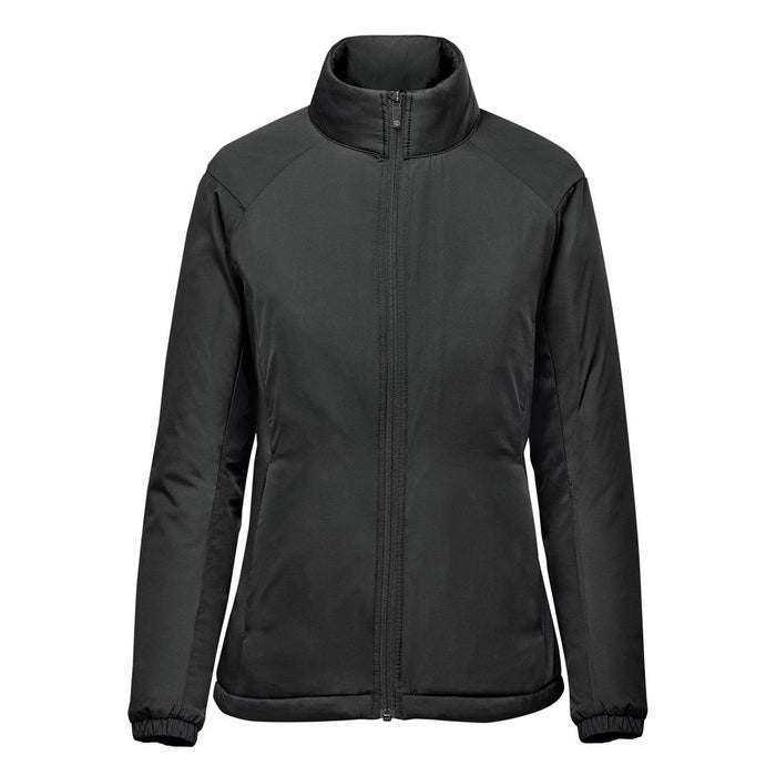 Women's Pacifica Thermal Jacket - A women's thermal jacket in black with a high collar and zip-up front. It features a logo on the upper chest.