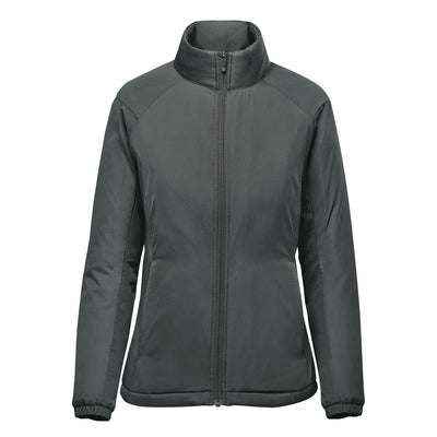 Women's Pacifica Thermal Jacket - A women's thermal jacket in dark grey with a high collar and zippered front. Features a simple design and a logo.