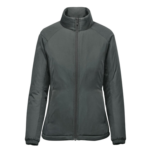 Women's Pacifica Thermal Jacket - A women's thermal jacket in dark grey with a high collar and zippered front. Features a simple design and a logo.
