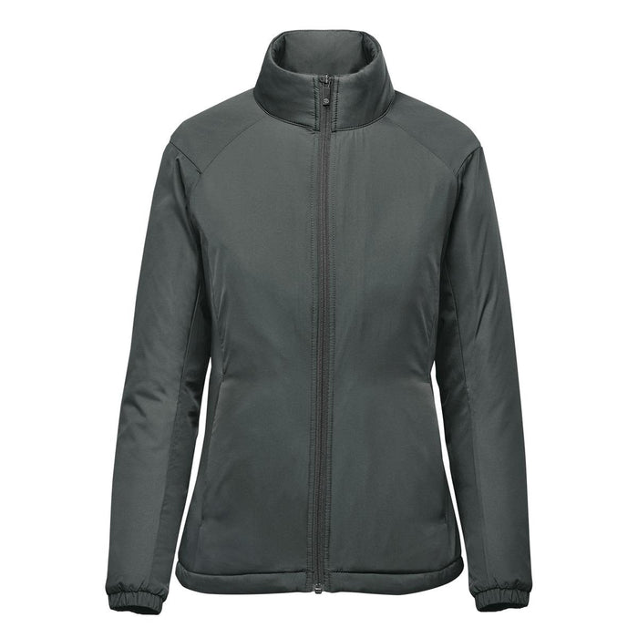 Women's Pacifica Thermal Jacket - A women's thermal jacket in dark grey with a high collar and zippered front. Features a simple design and a logo.