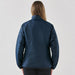 Women's Pacifica Thermal Jacket - A woman wearing a navy blue thermal jacket, viewed from the back. The jacket features a collar and has a logo.