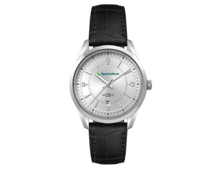 Ladies Casual Dress Watch, Leather Strap - A silver casual dress watch with a black leather strap, featuring a silver dial and a logo on the face.
