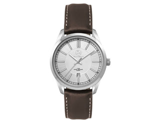 Ladies Casual Dress Watch, Leather Strap - A silver ladies casual dress watch with a brown leather strap and a minimalist face design. It features a logo.