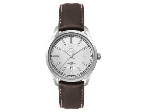 Ladies Casual Dress Watch, Leather Strap - A silver ladies casual dress watch with a brown leather strap and a minimalist face design. It features a logo.