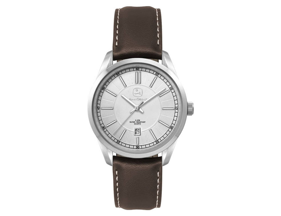 Ladies Casual Dress Watch, Leather Strap - A silver ladies casual dress watch with a brown leather strap and a minimalist face design. It features a logo.