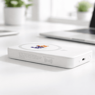 The Mason Wireless Charging Powerbank 5000mAh - A white wireless charging power bank with a logo, resting on a desk near plants and a laptop.