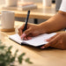FSC Notebook - A hand with long nails writes in a black FSC notebook on a wooden desk, with a cup and plant in the background.