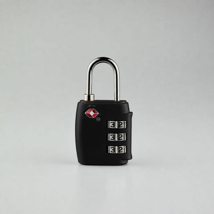 Portable Luggage TSA Lock - A portable black luggage TSA lock with a silver shackle and three rotating dials for the combination.